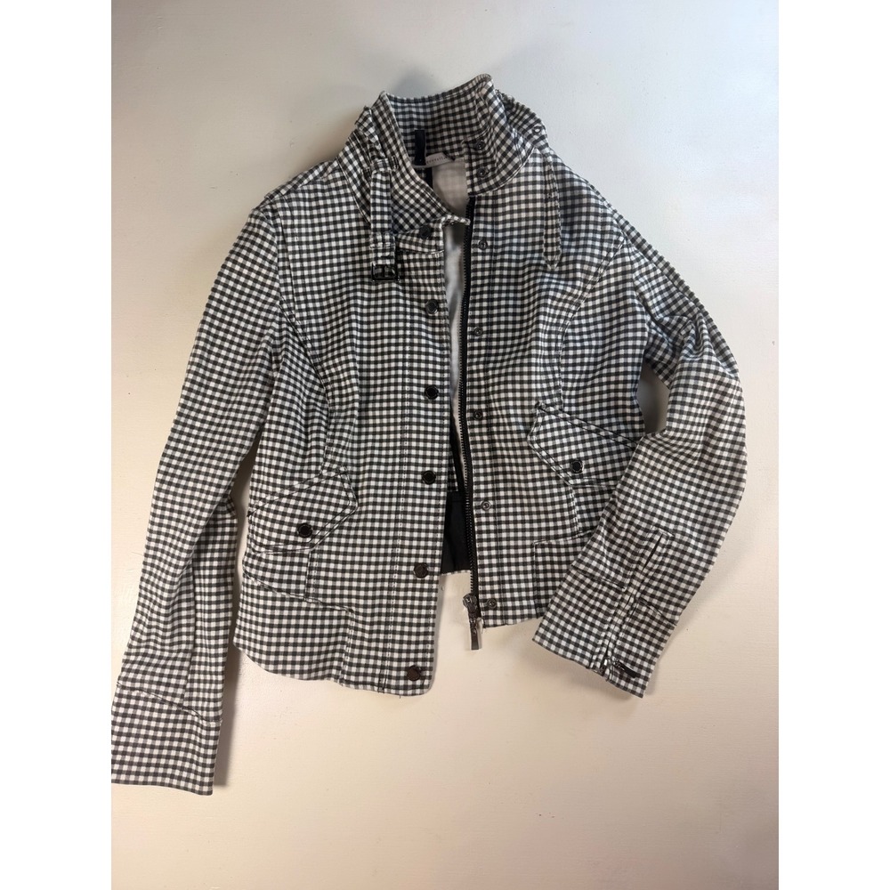 White House Black Market Gingham Jacket Women 4 Black White Excellent Moto Zip